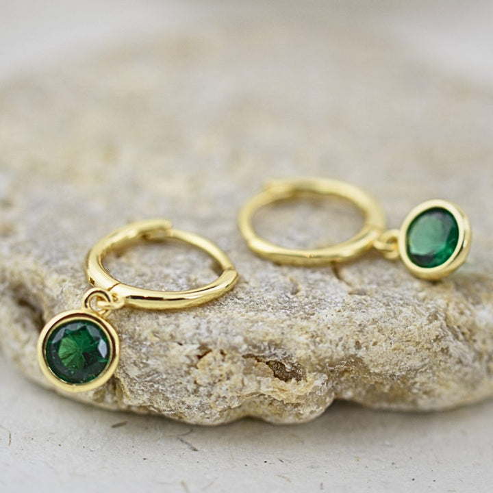 Earrings - Little Emerald And Gold Huggies