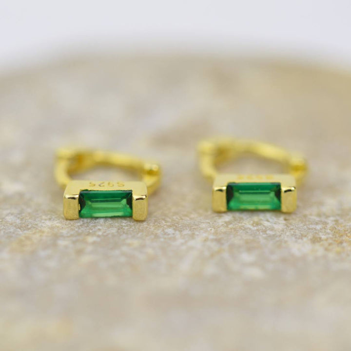 EARRINGS - Tiny Gold Emerald Huggies