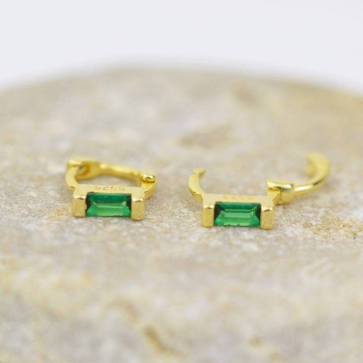 EARRINGS - Tiny Gold Emerald Huggies