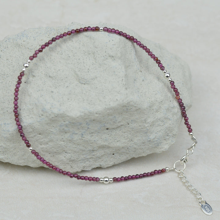 Anklets - Garnet & Sterling Silver Beaded Anklet