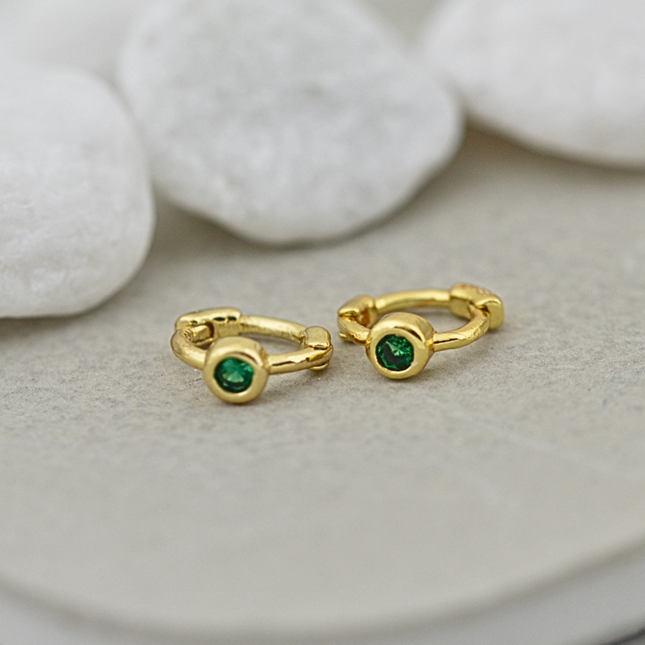 Tiny Side Ear Huggies (Gold & Emerald)