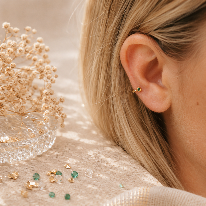 Tiny Side Ear Huggies (Gold & Emerald)