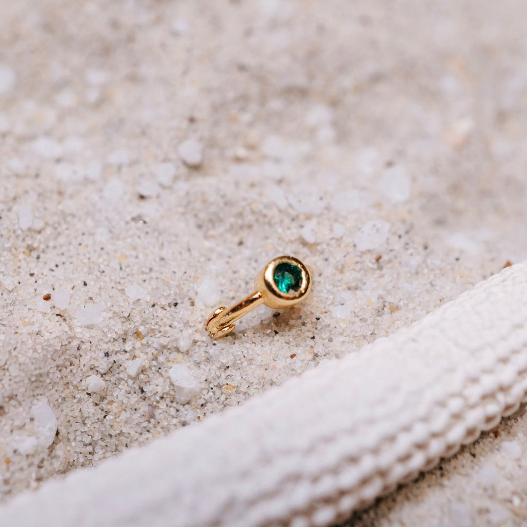 Tiny Side Ear Huggies (Gold & Emerald)
