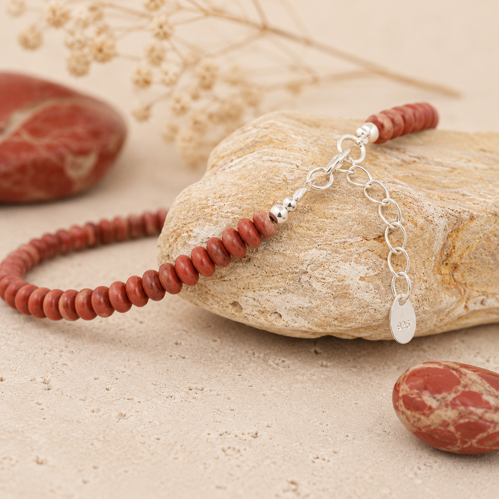 Natural Stone bead anklet in red jasper with sterling silver extension chain.