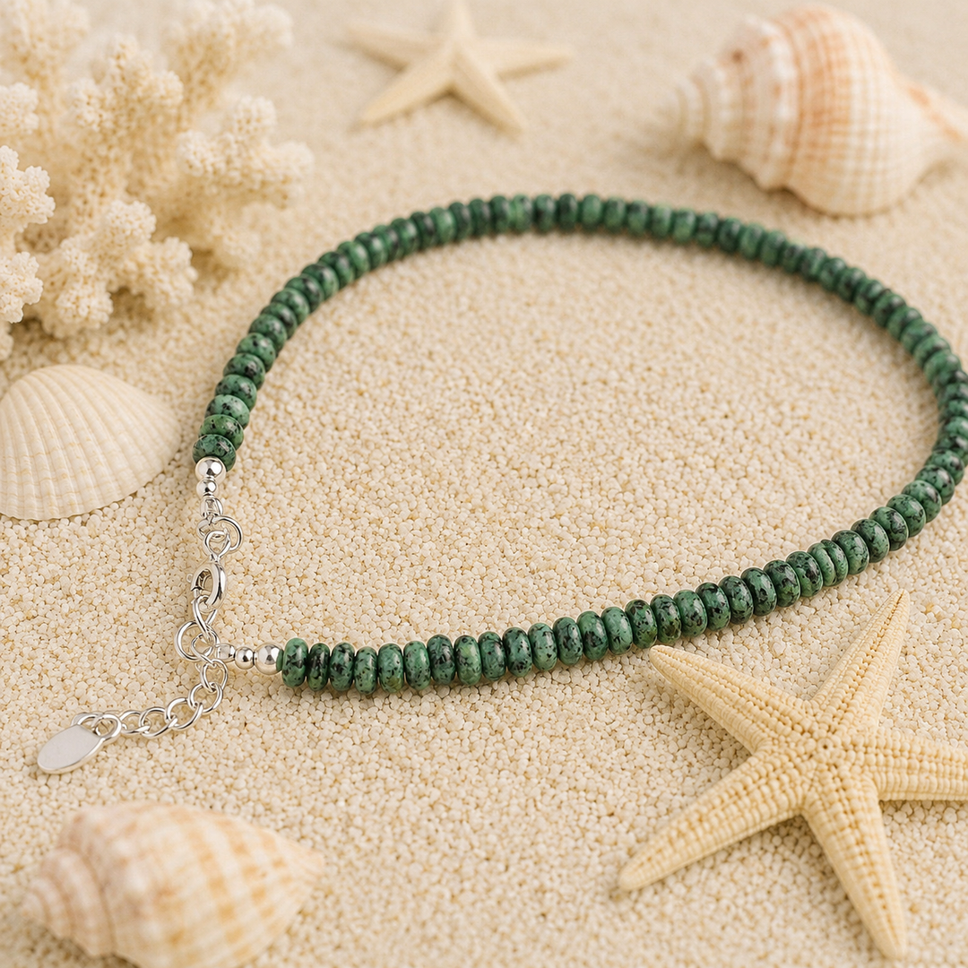 Green beaded anklet with extension chain
