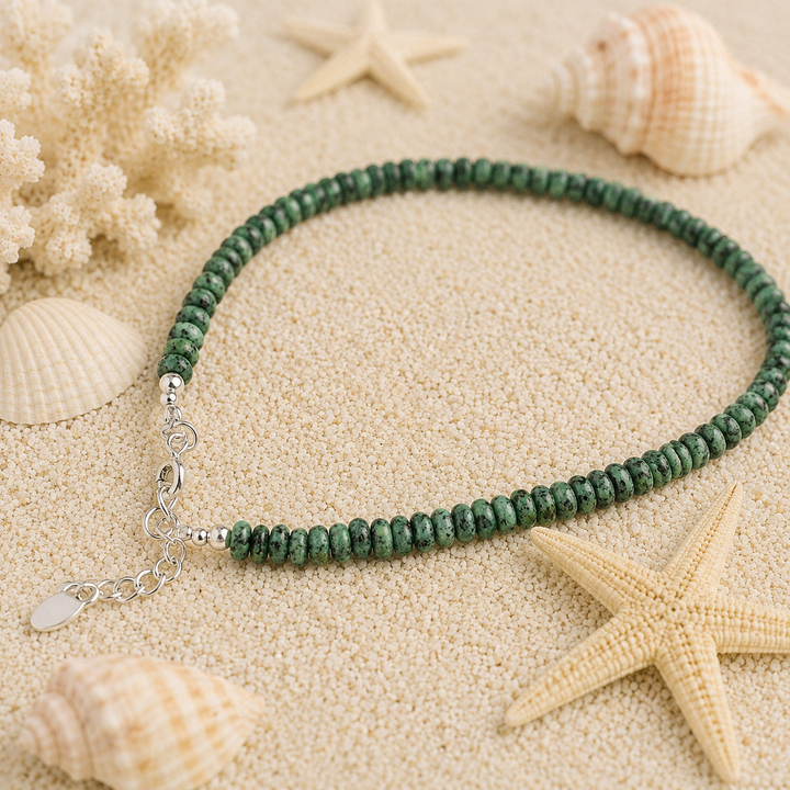 Green beaded anklet with extension chain