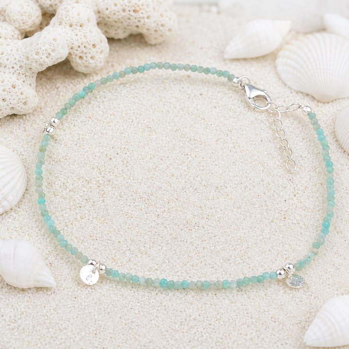 Amazonite gemstone bead anklet with sterling silver mini discs 