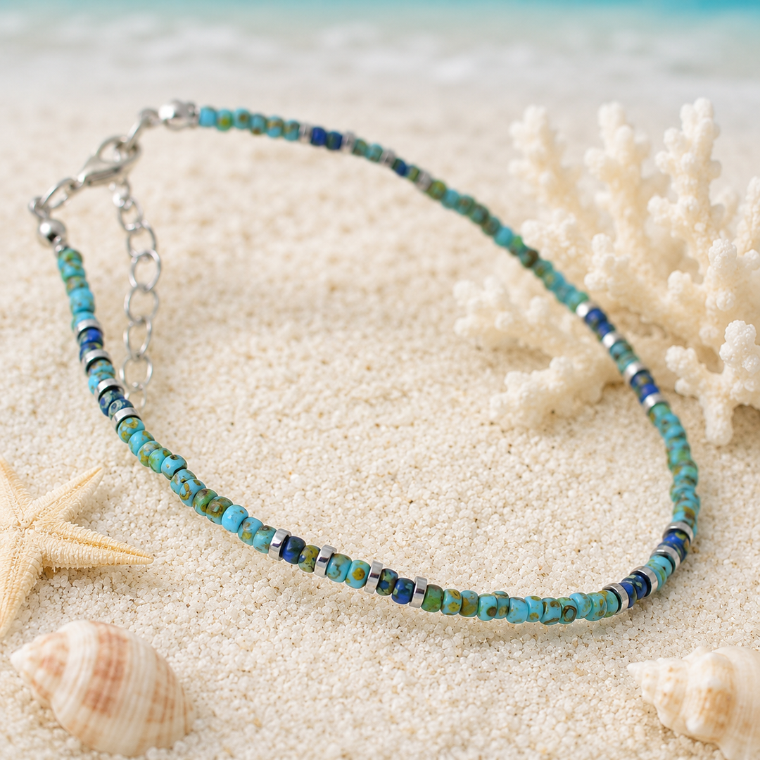 beaded anklet witth extension chain and turquoise beads