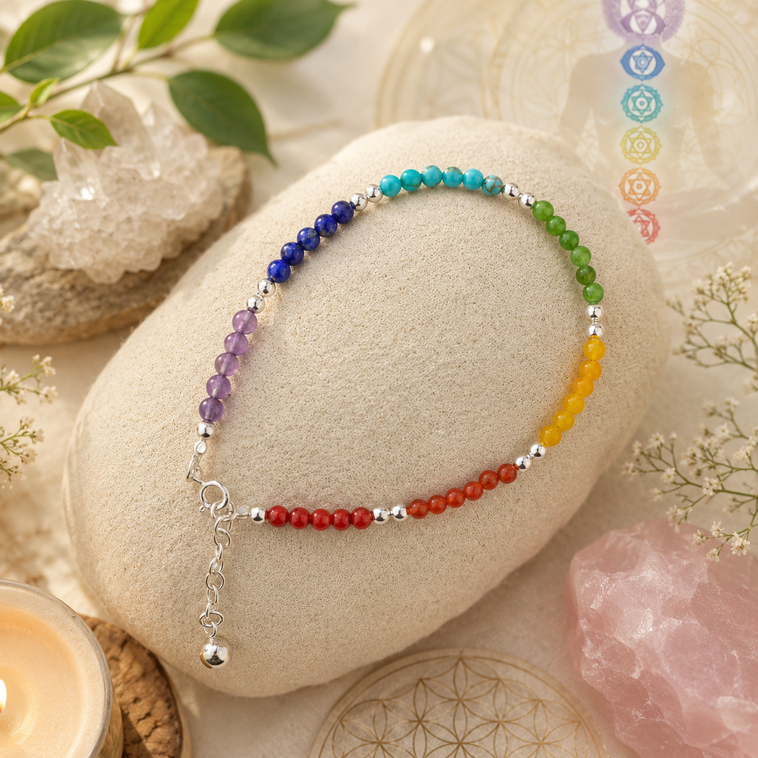 Colorful beaded Chakra bracelet on a stone with crystals and leaves in the background