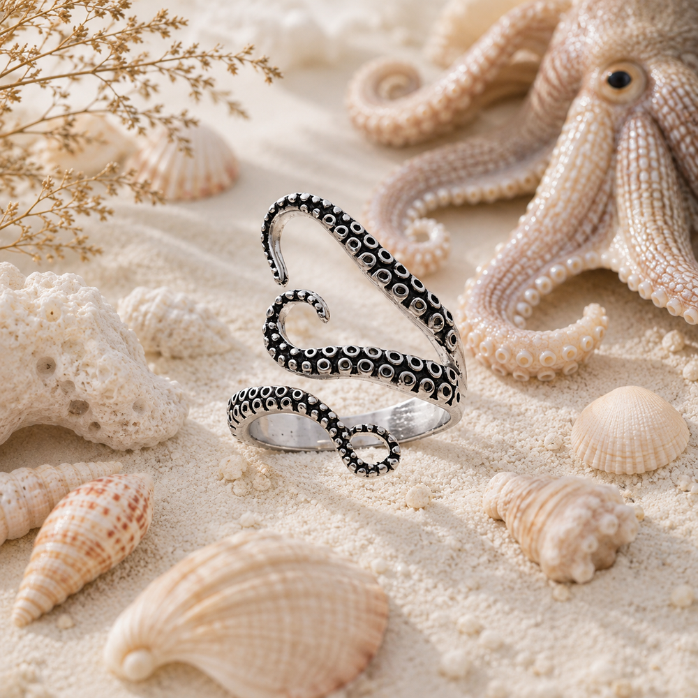 A silver octopus ring with black and white suction cup details, styled on a sandy beach background with seashells, a coral fragment, dried grass, and a pearl octopus.