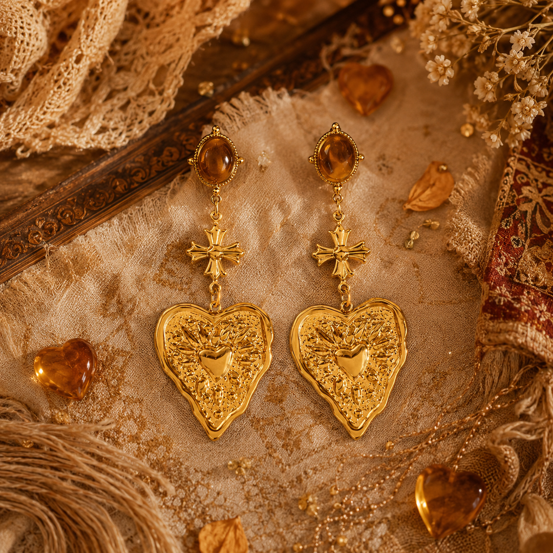 Large gold gypsy heart earrings in PVD waterproof gold