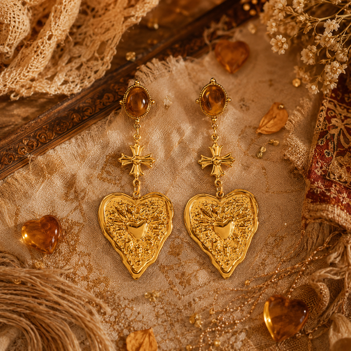 Large gold gypsy heart earrings in PVD waterproof gold