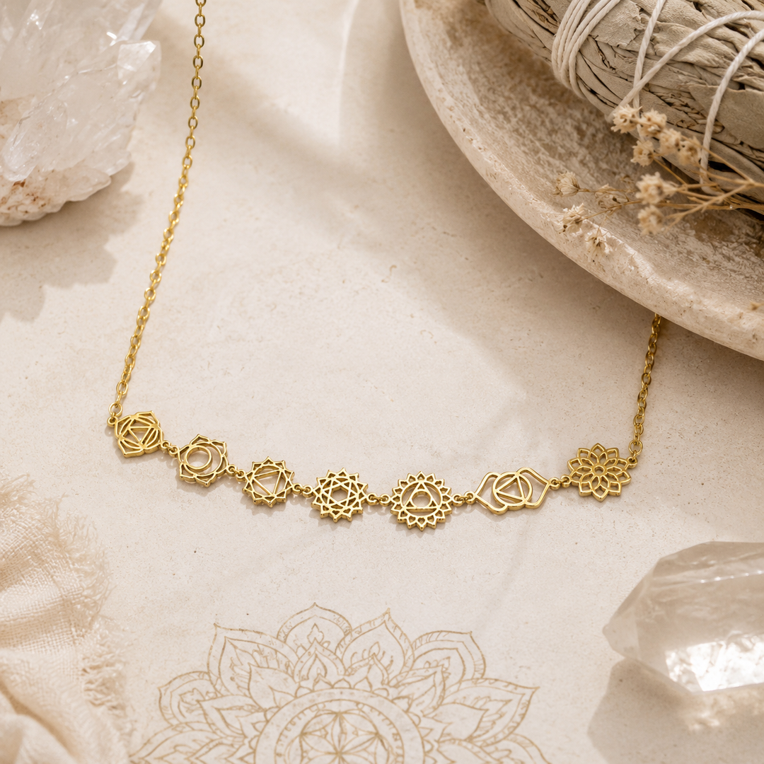 Gold chakra necklace for yoga or mindfulness