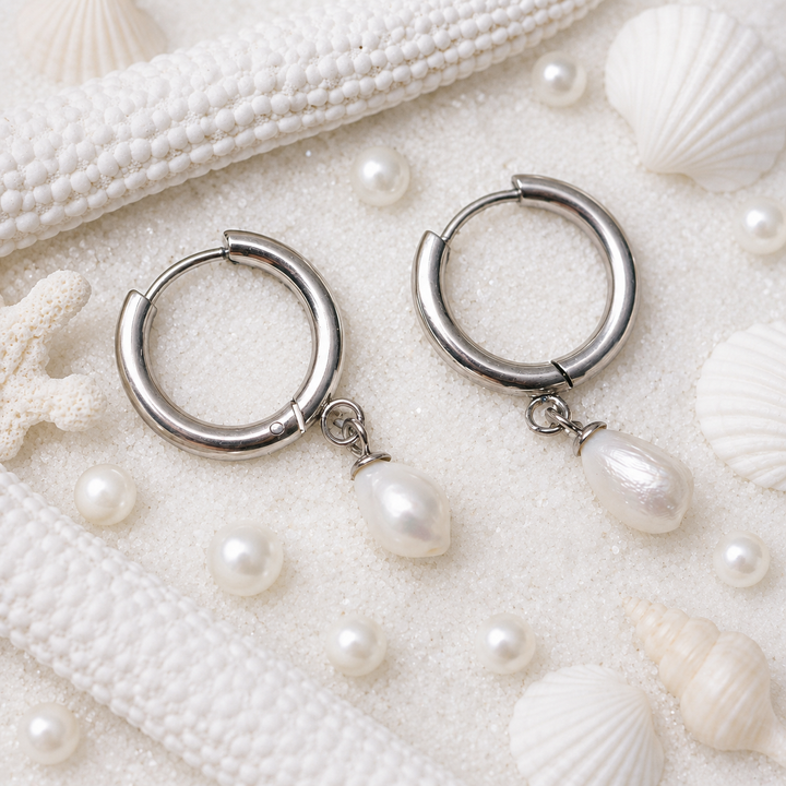 Earrings - Silver pearl Hoops