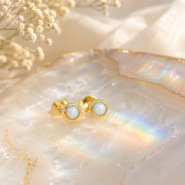 Earrings - Gold and white opal studs