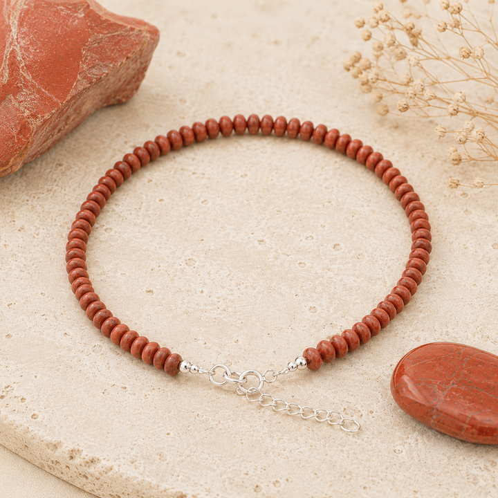 Red Jasper stone bead anklet with sterling silver extension chain