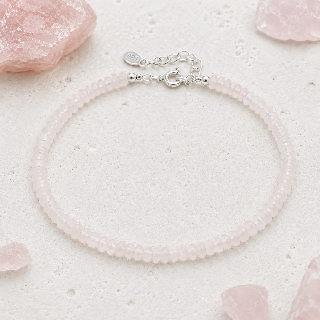 Rose quartz beaded gemstone anklet with sterling silver extension chain