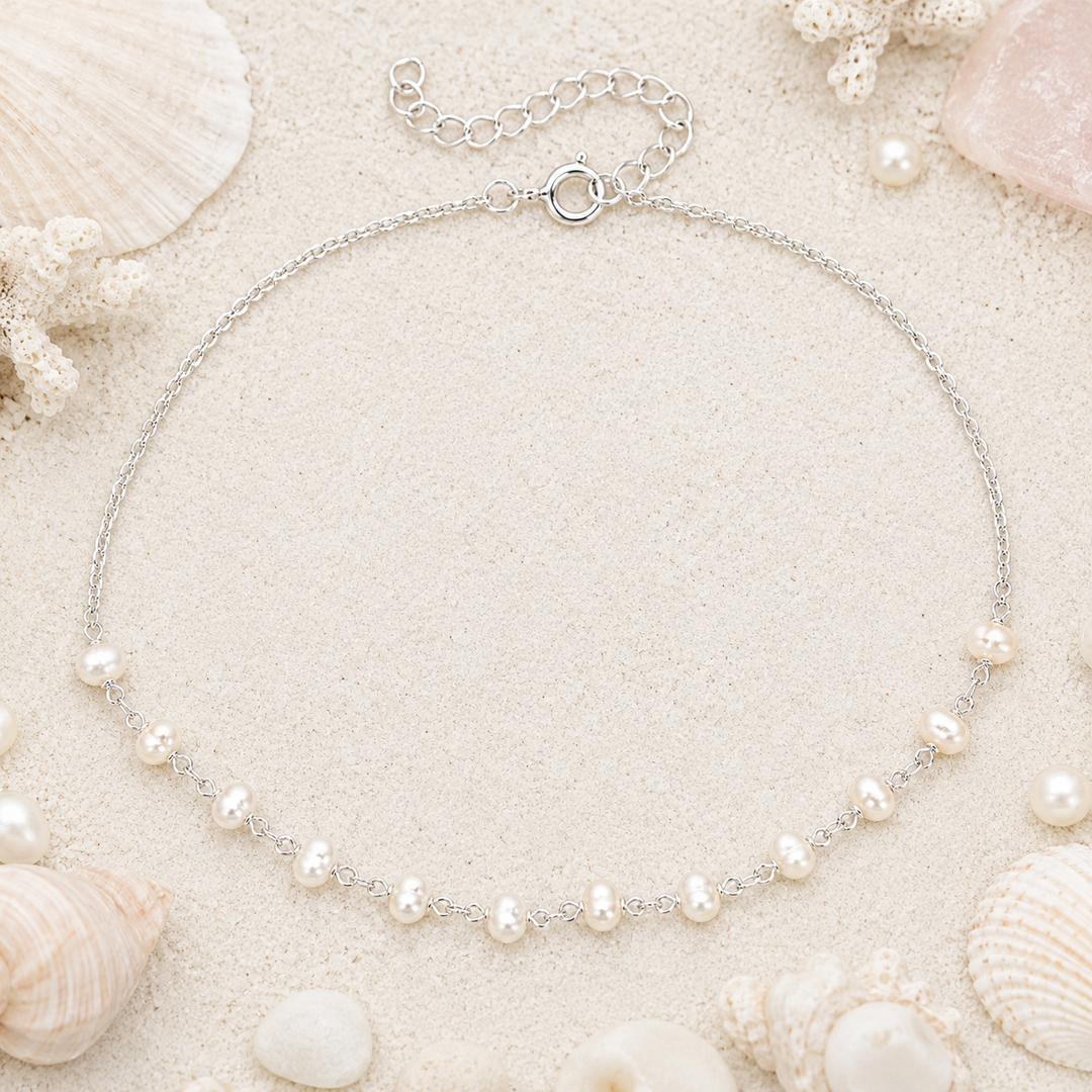 Dainty freshwater pearl and sterling silver anklet