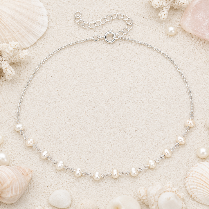 Dainty freshwater pearl and sterling silver anklet