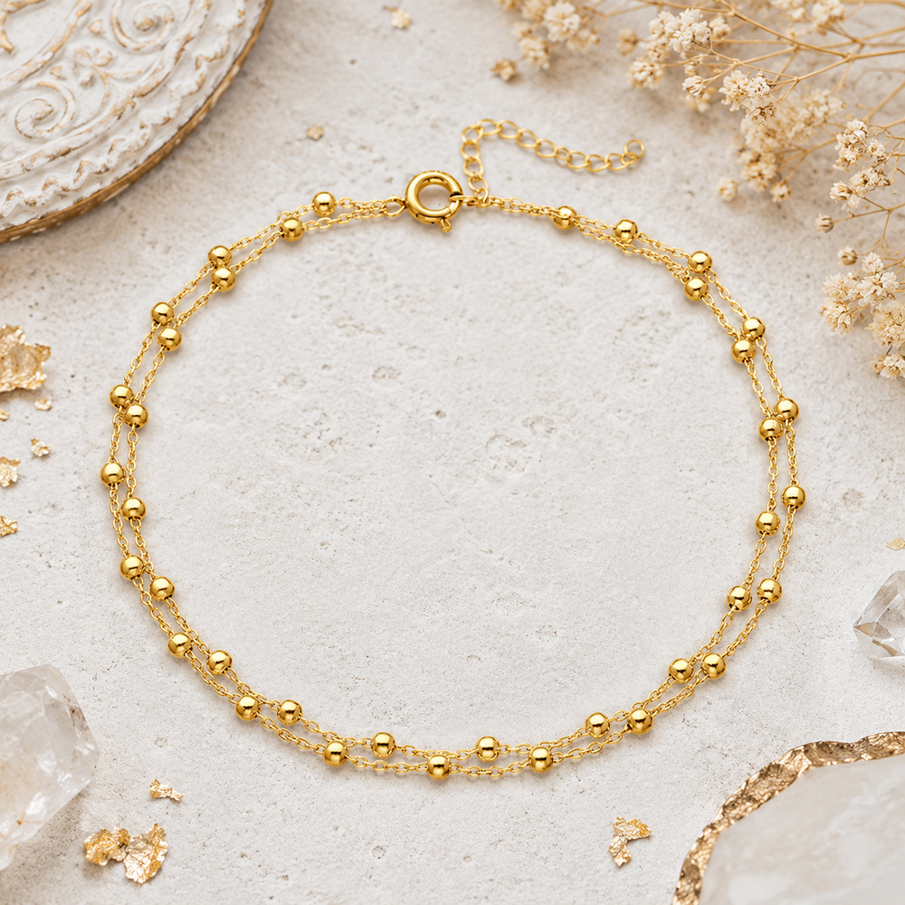 Dainty Gypsy style Double strand gold plated sterling silver delicate chain anklet.