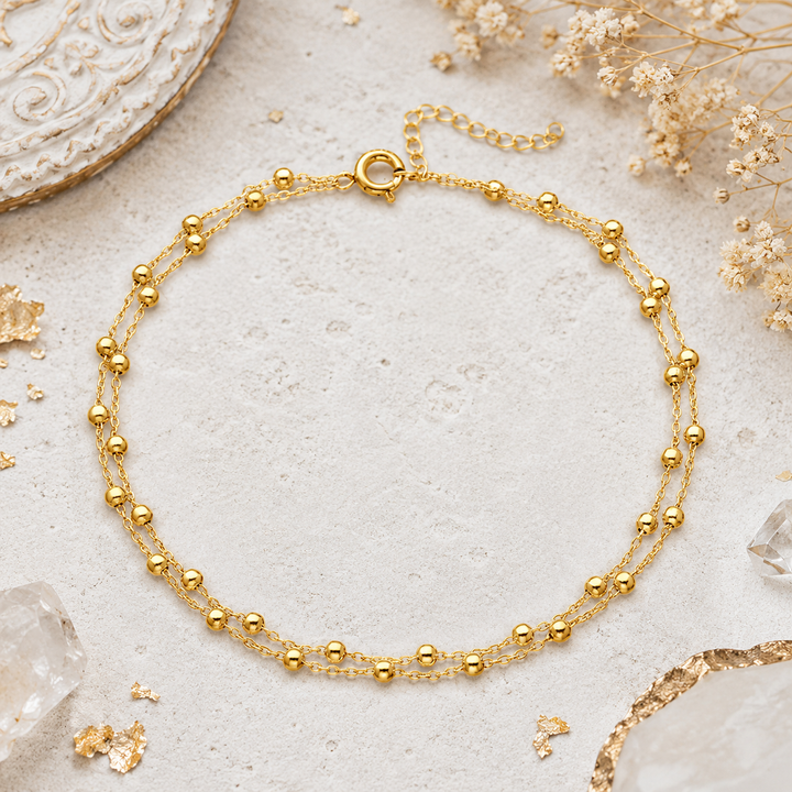 Dainty Gypsy style Double strand gold plated sterling silver delicate chain anklet.