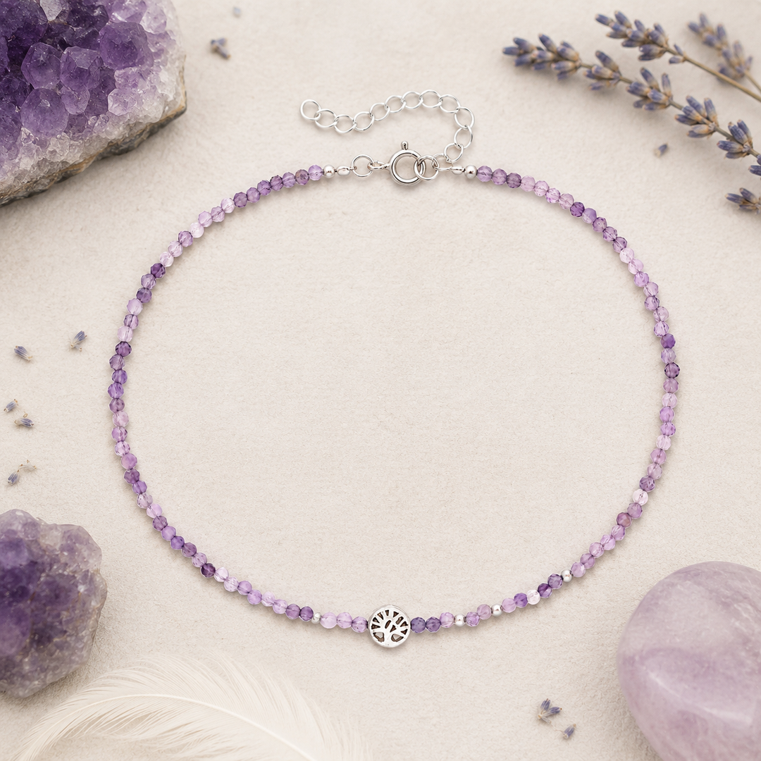 Amethyst beaded anklet with sterling silver tree of life bead.