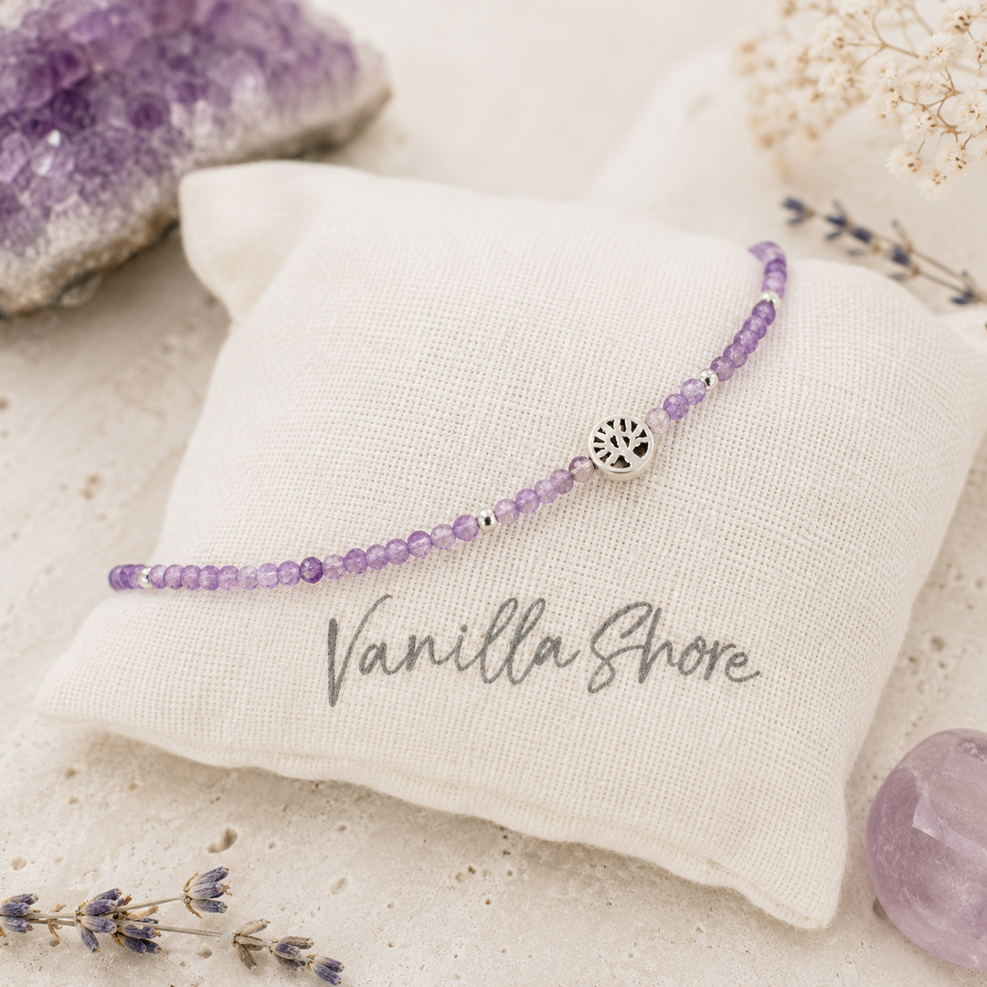 Amethyst crystal spiritual anklet with sterling silver tree of life bead.