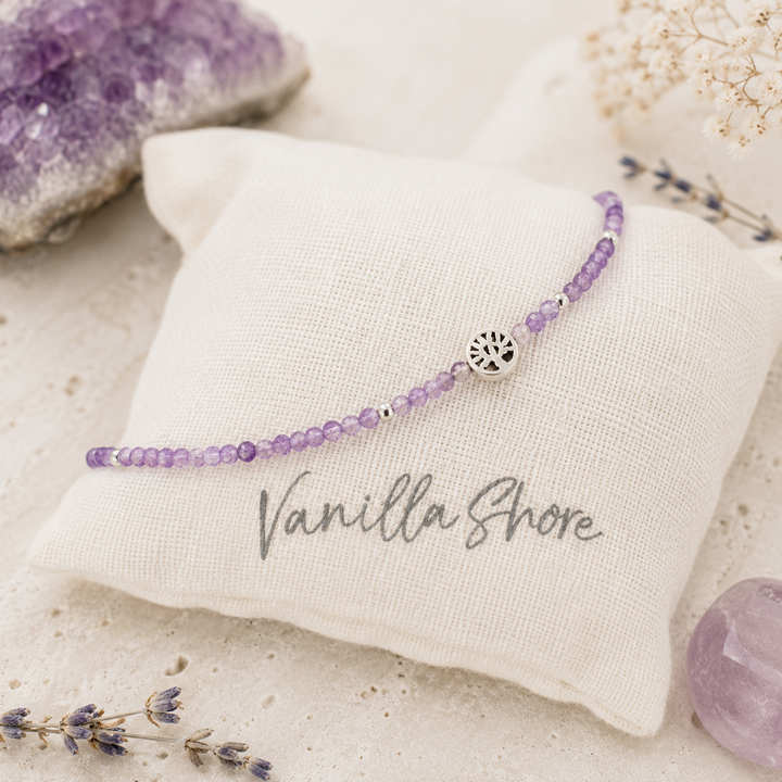 Amethyst crystal spiritual anklet with sterling silver tree of life bead.