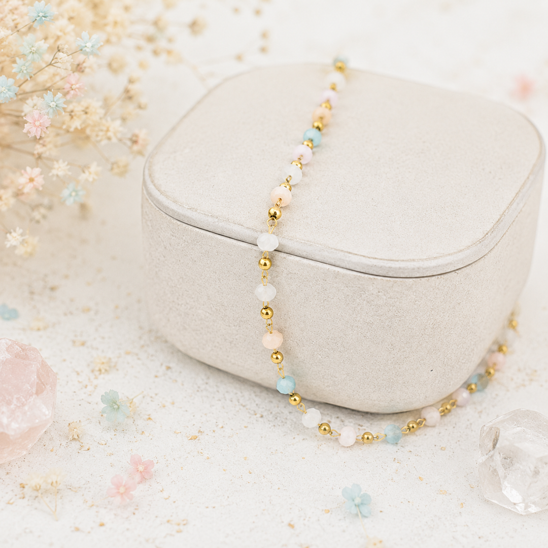 Dainty gold anklet with pastel beads and extension chain in PVD waterproof gold