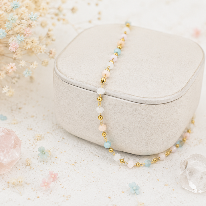 Dainty gold anklet with pastel beads and extension chain in PVD waterproof gold