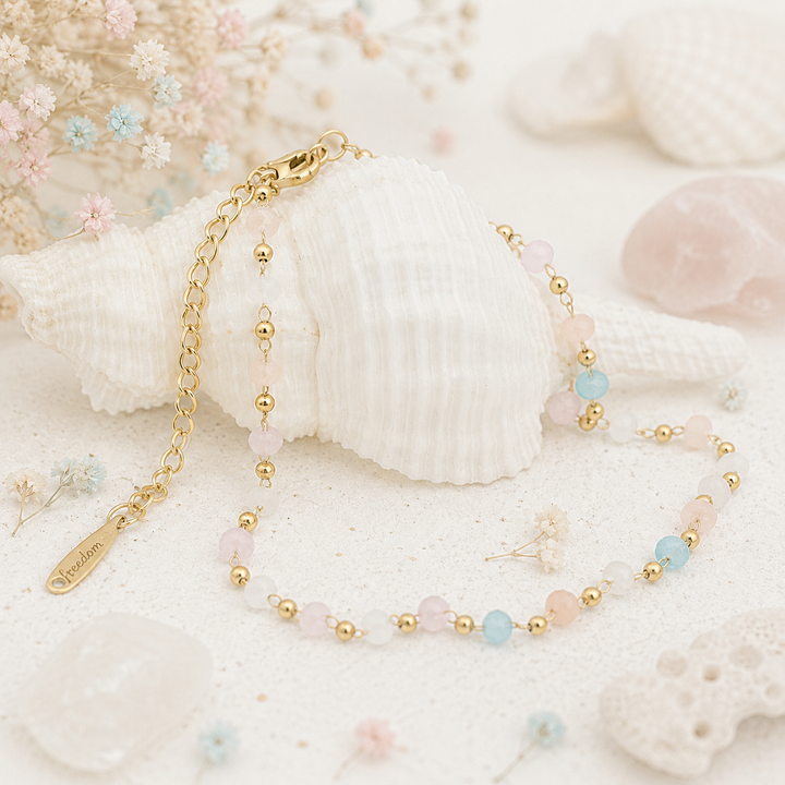 Waterproof gold anklet with pastel beads on a fine gold chain