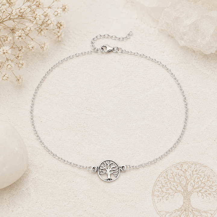 Dainty tree of life anklet in sterling silver with extension chain
