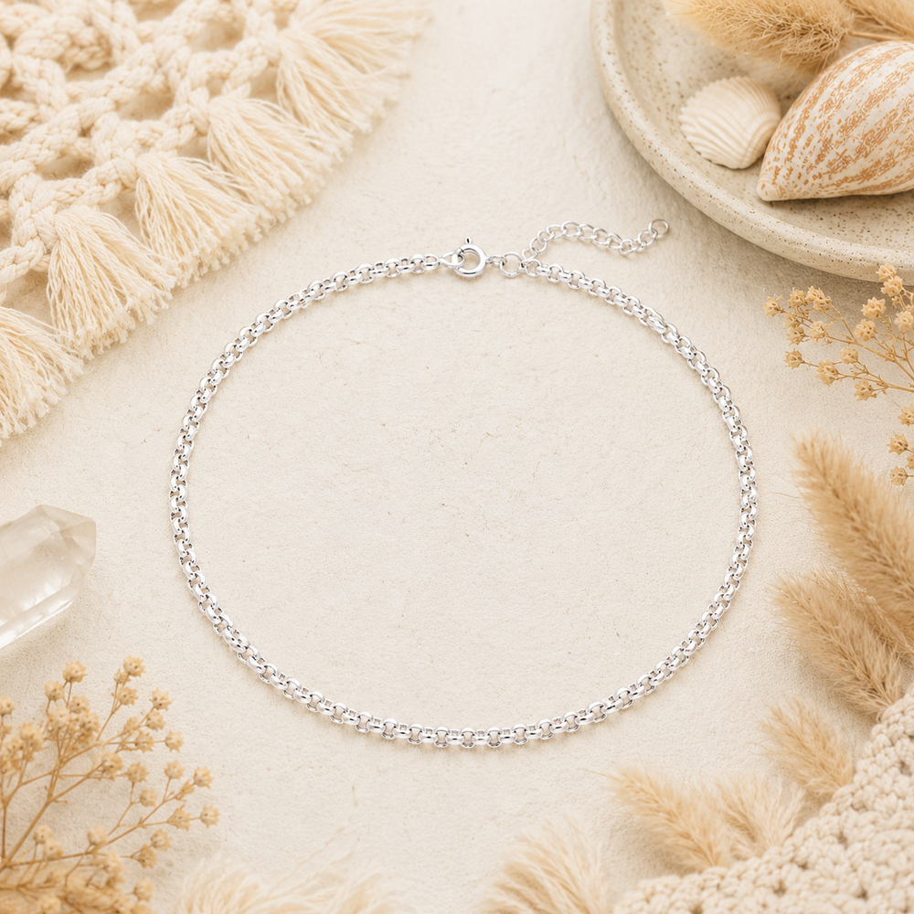 
Expandable belcher style anklet made from sterling silver.