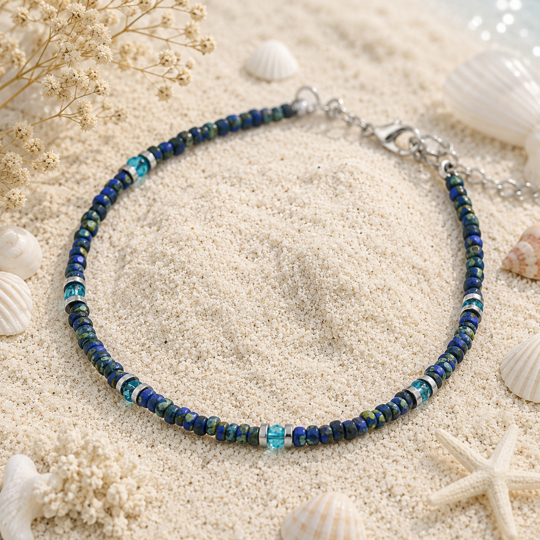 Dark blue beaded anklet with silver extension chain