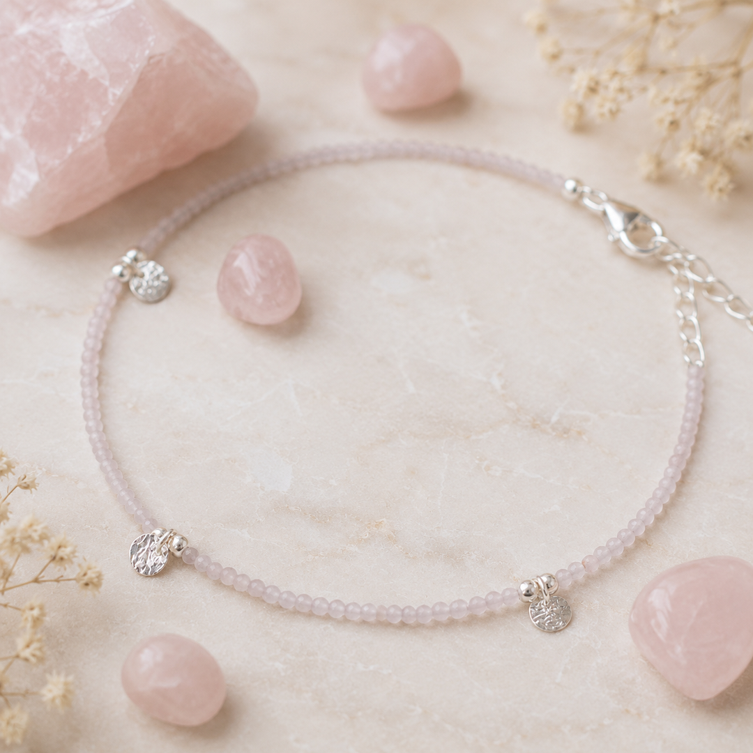 Beaded rose quartz ankle with sterling silver extension chain. 