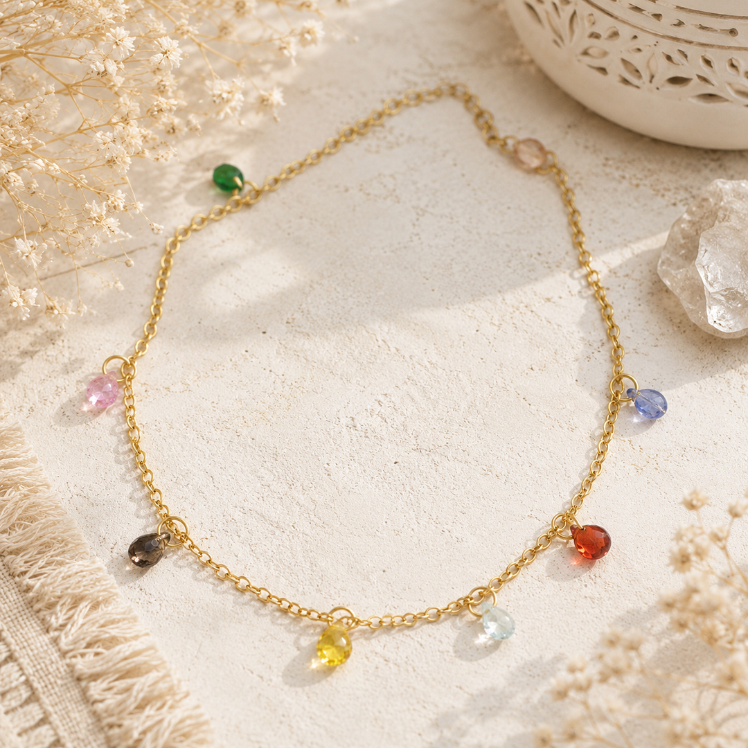 Waterproof gold PVD anklet with coloured glass beads in gypsy style