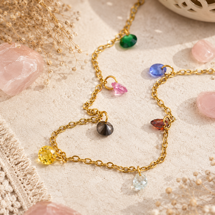 Dainty Waterproof gold PVD anklet with coloured glass beads in gypsy style