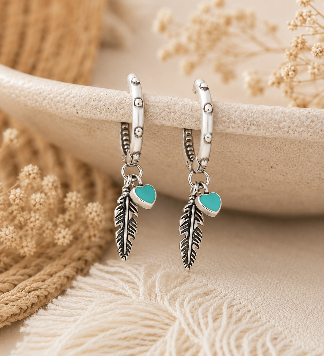 Feather & Heart Mini Hoops