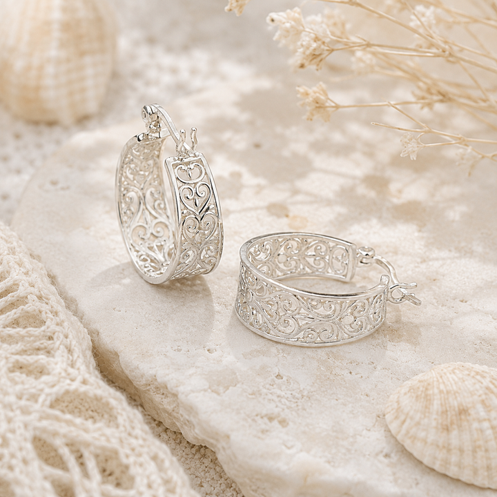 Earrings - Silver Filigree Hoops