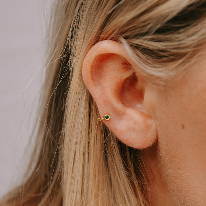 Tiny Side Ear Huggies (Gold & Emerald)