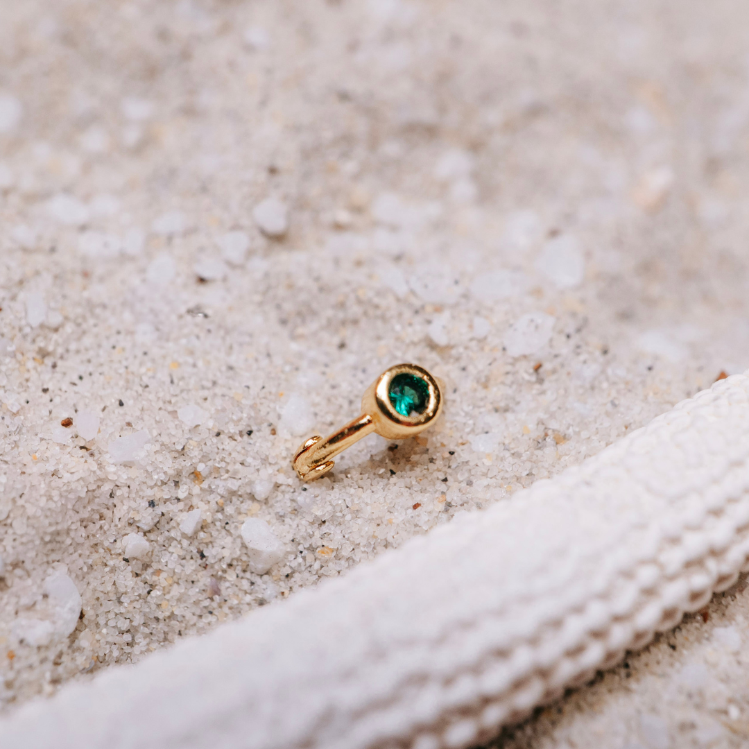 Tiny Side Ear Huggies (Gold & Emerald)