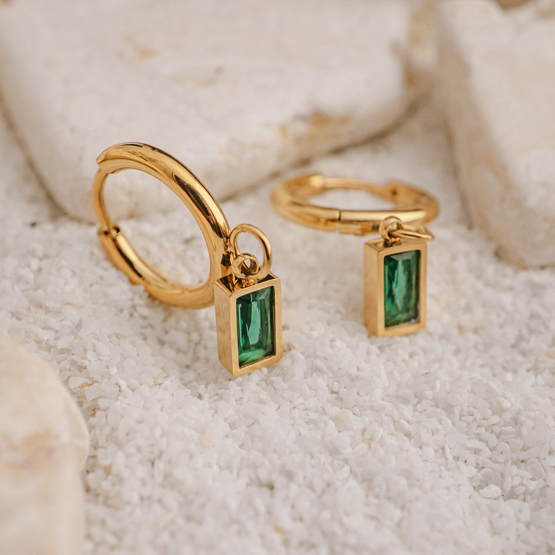 Earrings - Gold Emerald Hoops