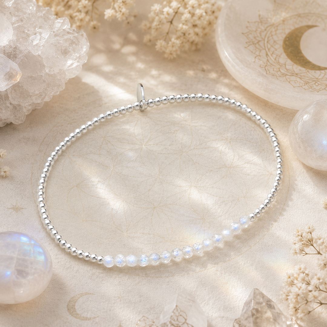 beaded silver and moonstone bracelet on light background