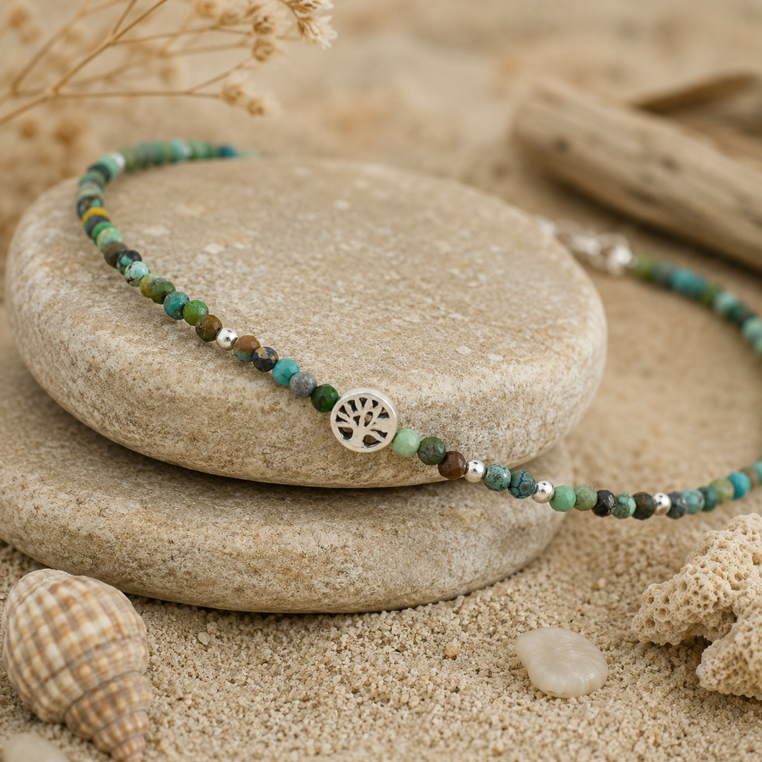Beaded african turquoise tree of life anklet