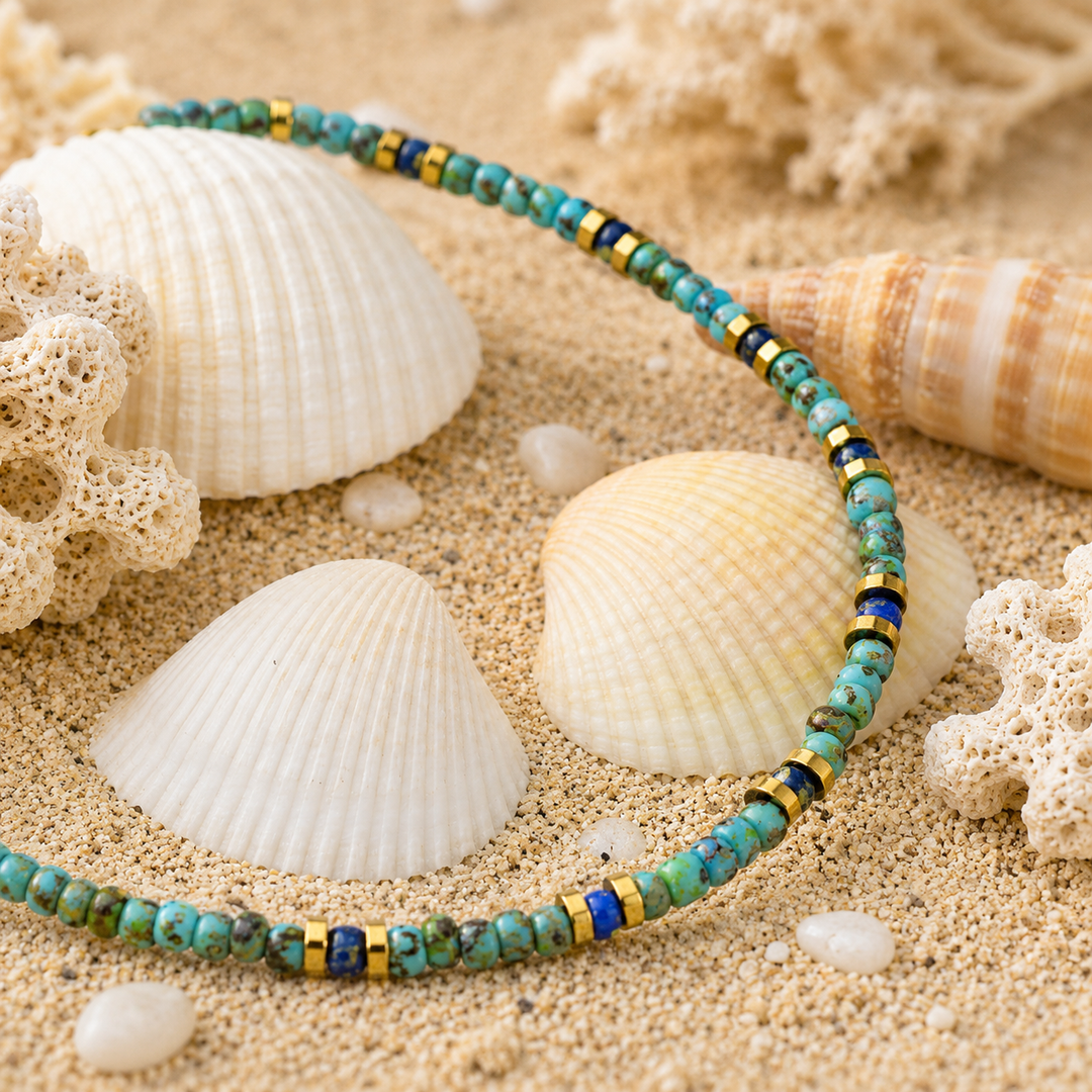 Turquoise and waterproof PVD gold beaded anklet