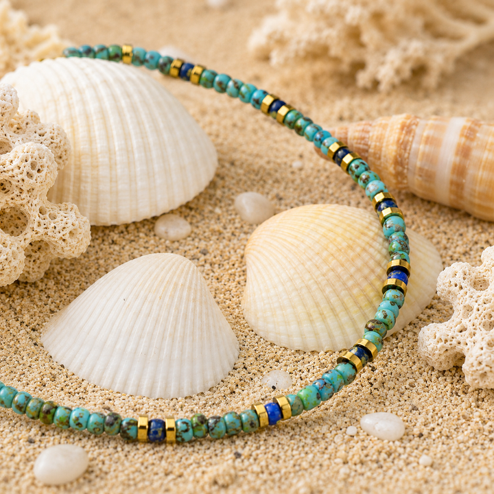 Turquoise and waterproof PVD gold beaded anklet