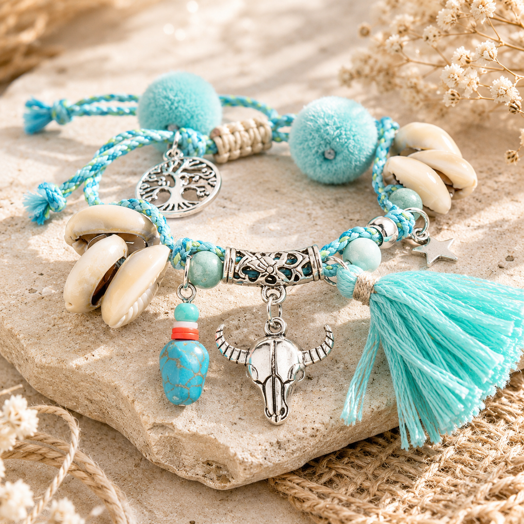 Turquoise beaded bracelet with shell and tassel charms on a stone surface