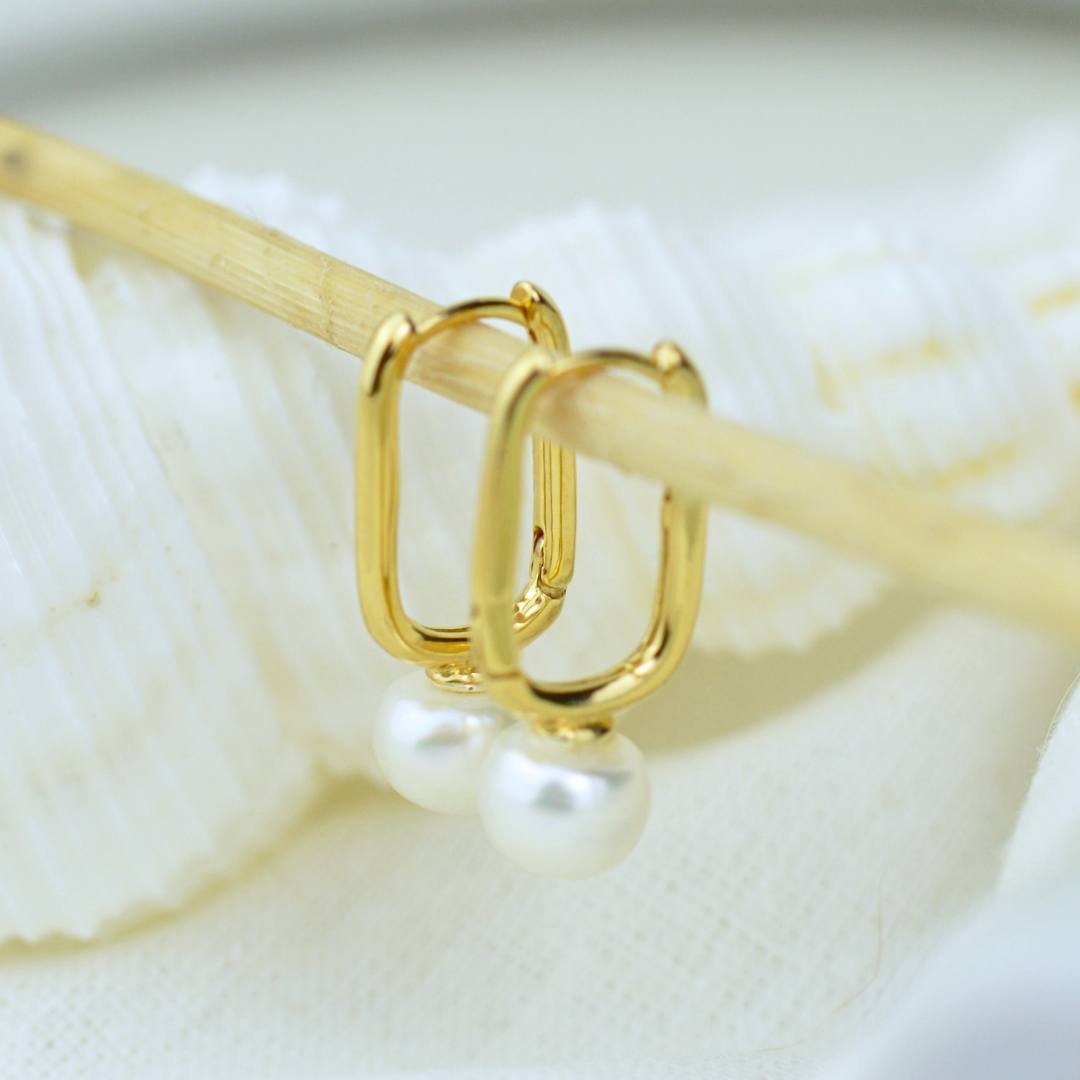 Earrings - Gold Oval Pearl Huggies