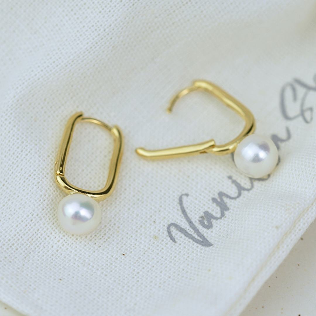 Earrings - Gold Oval Pearl Huggies