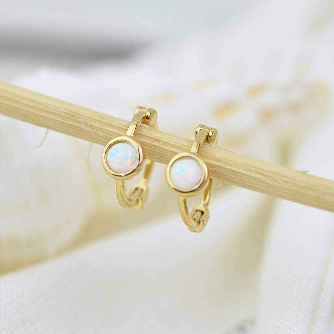 Earrings - Mini Gold Fire Snow Opal Hoops